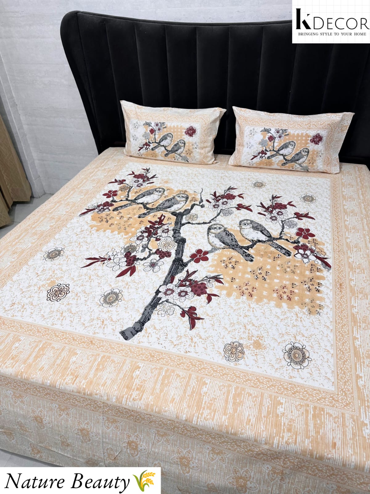 Nature Beauty King Size Pure Cotton Panel Print Bedsheet Set