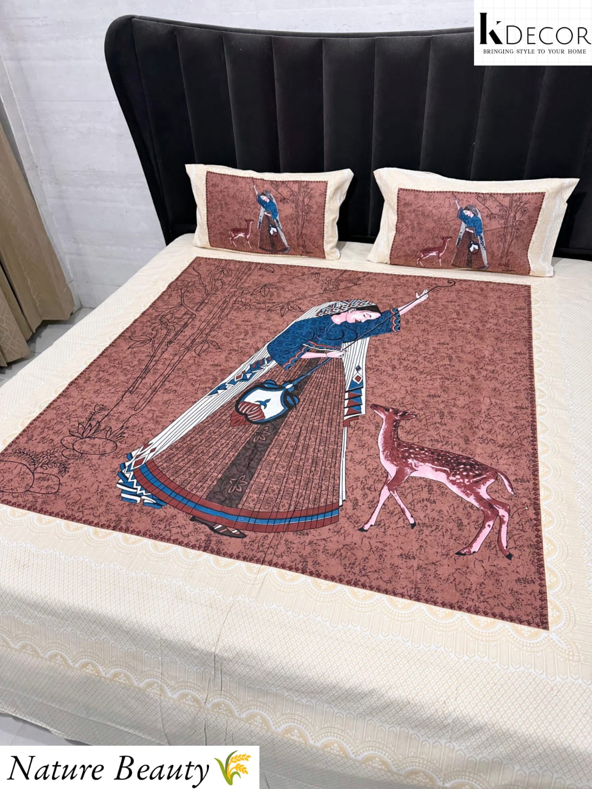 Nature Beauty King Size Pure Cotton Panel Print Bedsheet Set