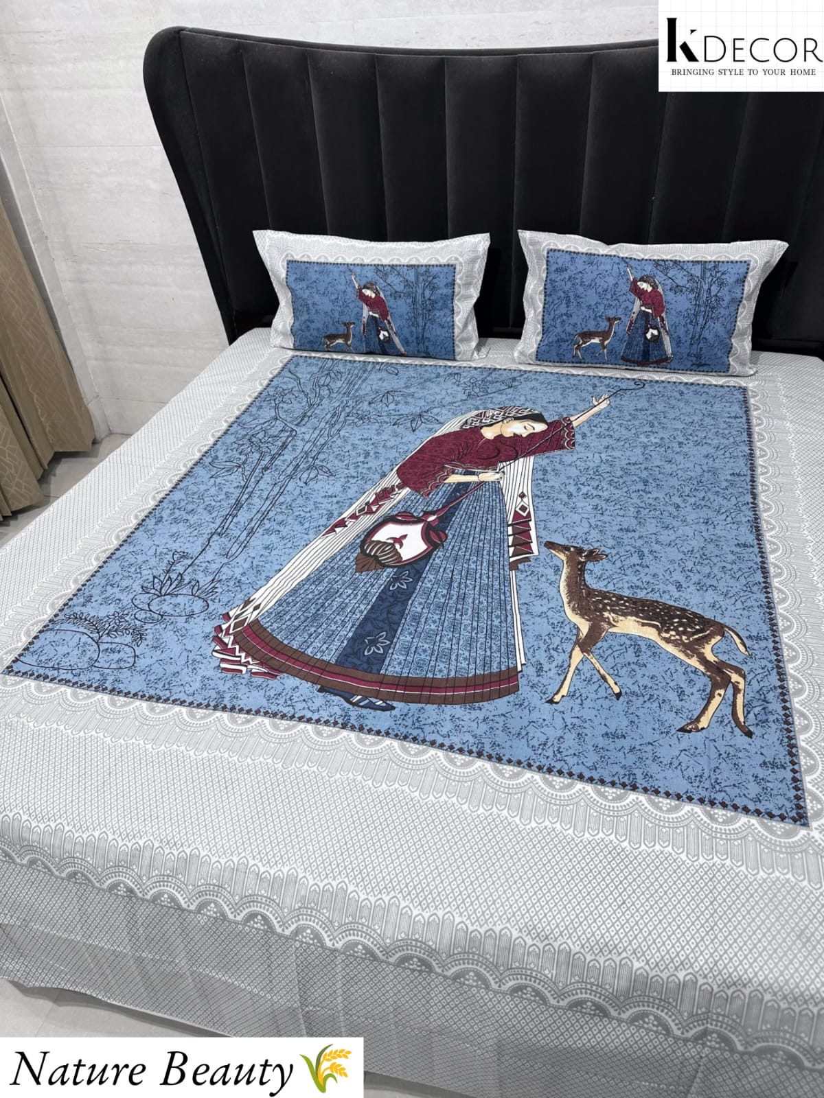 Nature Beauty King Size Pure Cotton Panel Print Bedsheet Set