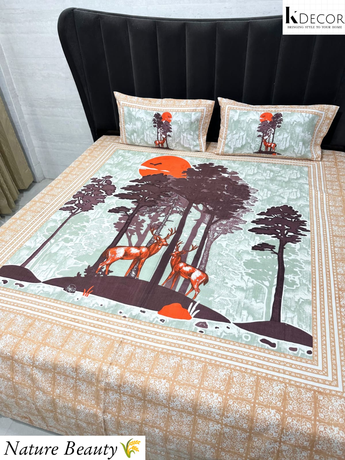 Nature Beauty King Size Pure Cotton Panel Print Bedsheet Set