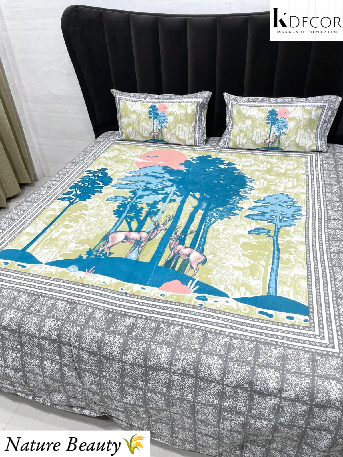 Nature Beauty King Size Pure Cotton Panel Print Bedsheet Set