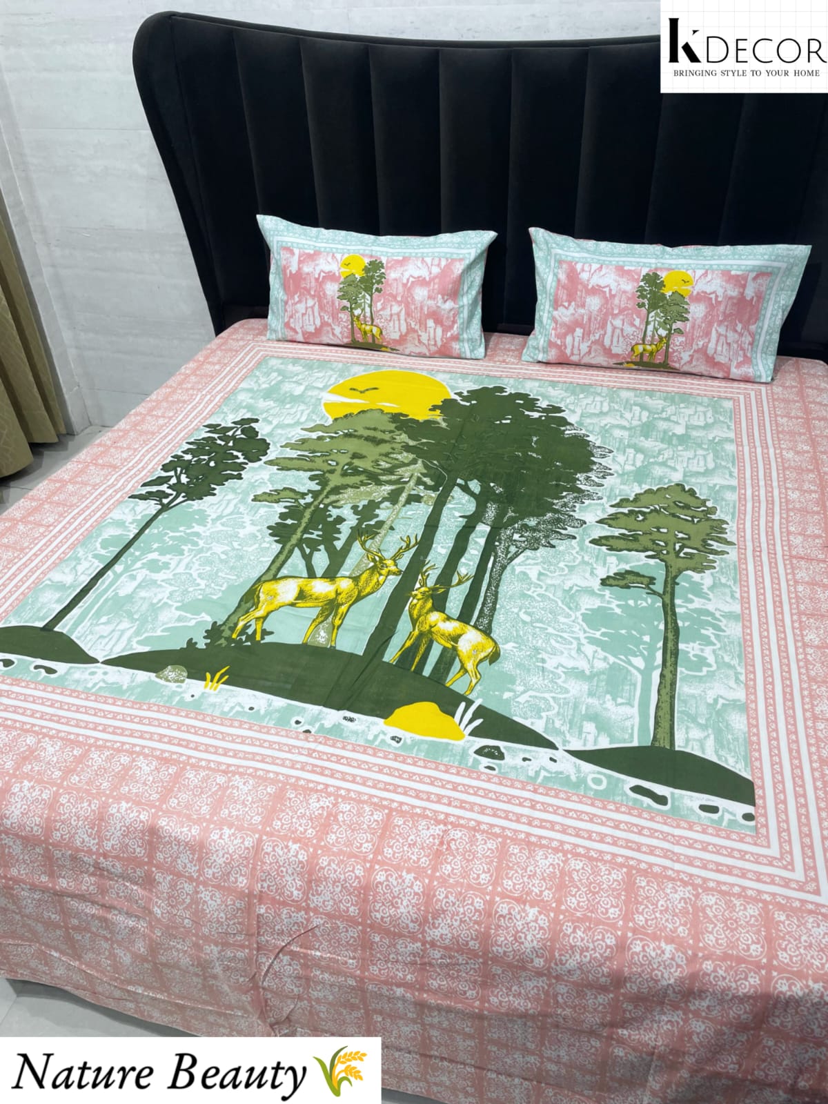 Nature Beauty King Size Pure Cotton Panel Print Bedsheet Set