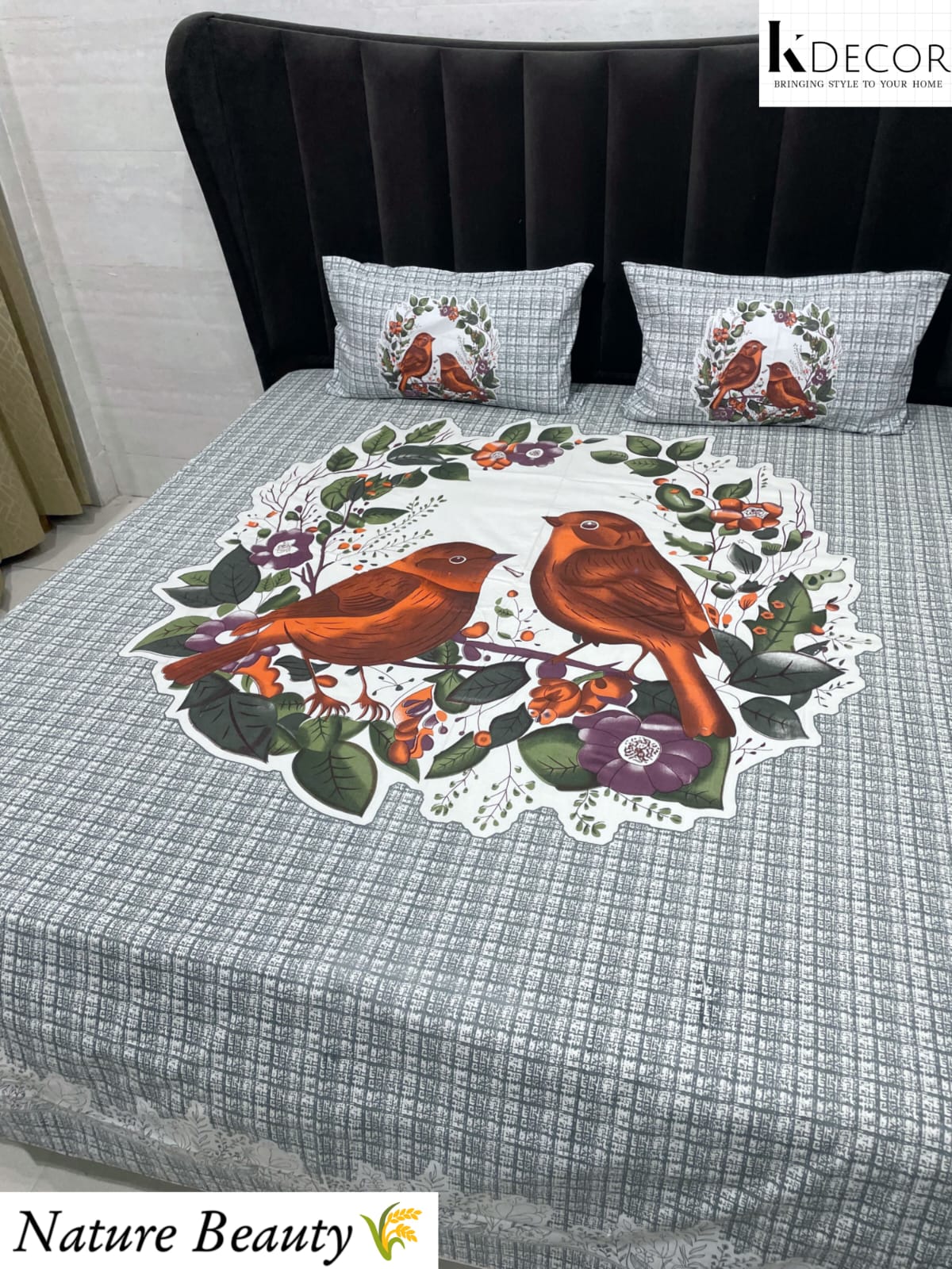 Nature Beauty King Size Pure Cotton Panel Print Bedsheet Set