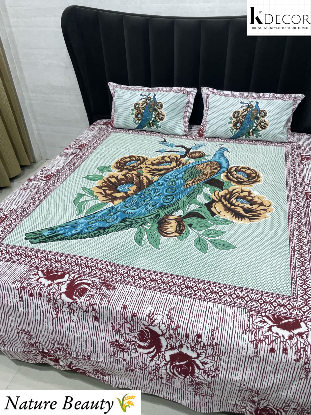 Nature Beauty King Size Pure Cotton Panel Print Bedsheet Set