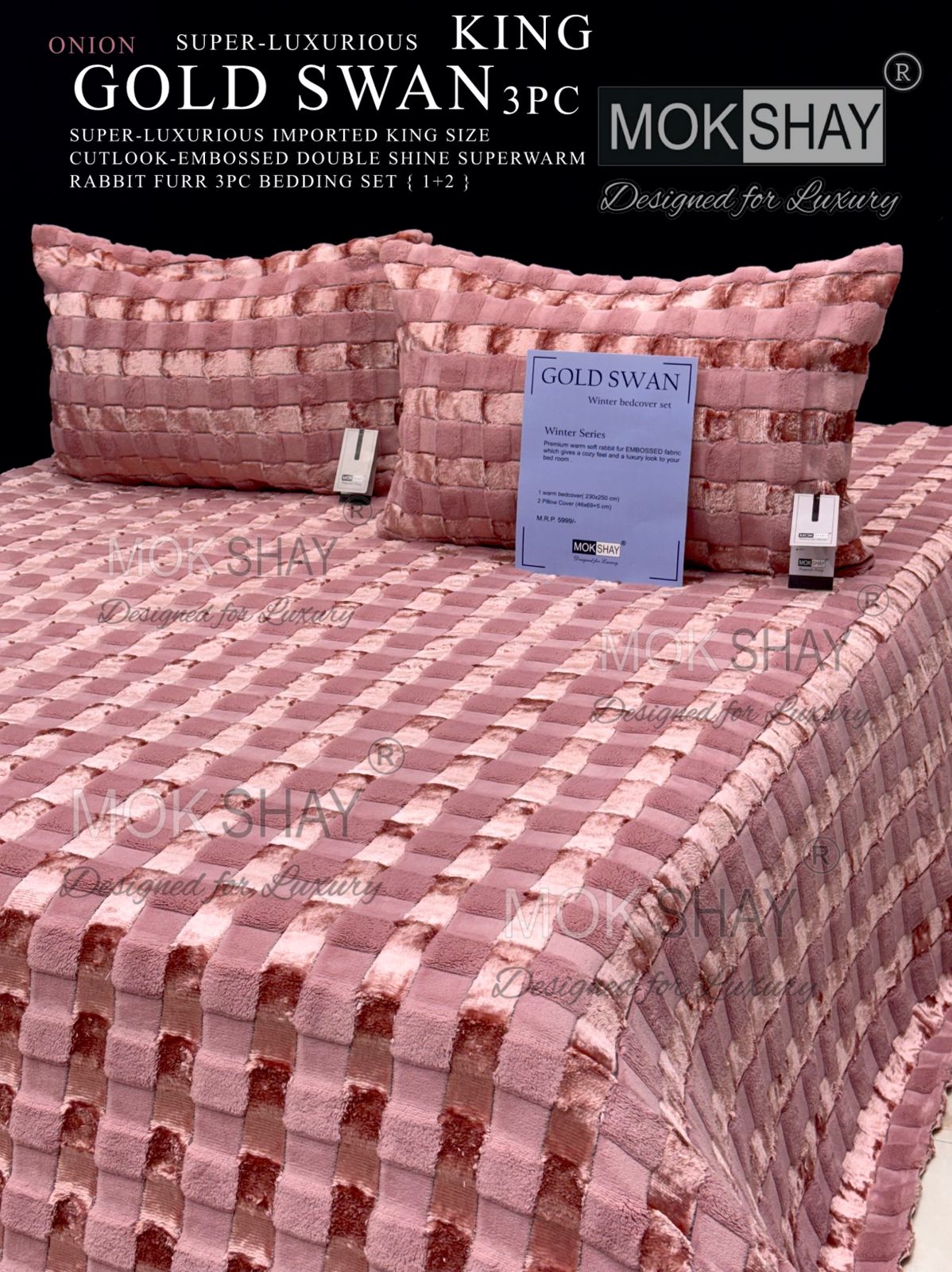 GOLD SWAN KING 3PC SUPER-LUXURIOUS CUTLOOK-EMBOSSED HEAVY DOUBLE SHINE IMPORTED RABBIT FURR SUPERWARM WINTER 3 PC BEDDING SET { 1+2 } 🛏
