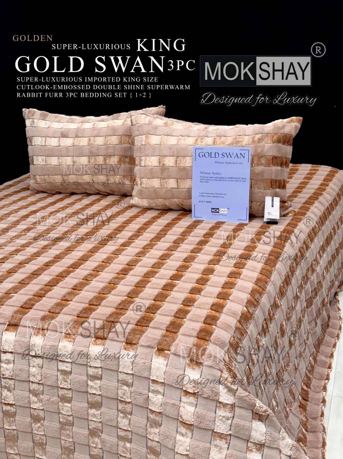 GOLD SWAN KING 3PC SUPER-LUXURIOUS CUTLOOK-EMBOSSED HEAVY DOUBLE SHINE IMPORTED RABBIT FURR SUPERWARM WINTER 3 PC BEDDING SET { 1+2 } 🛏