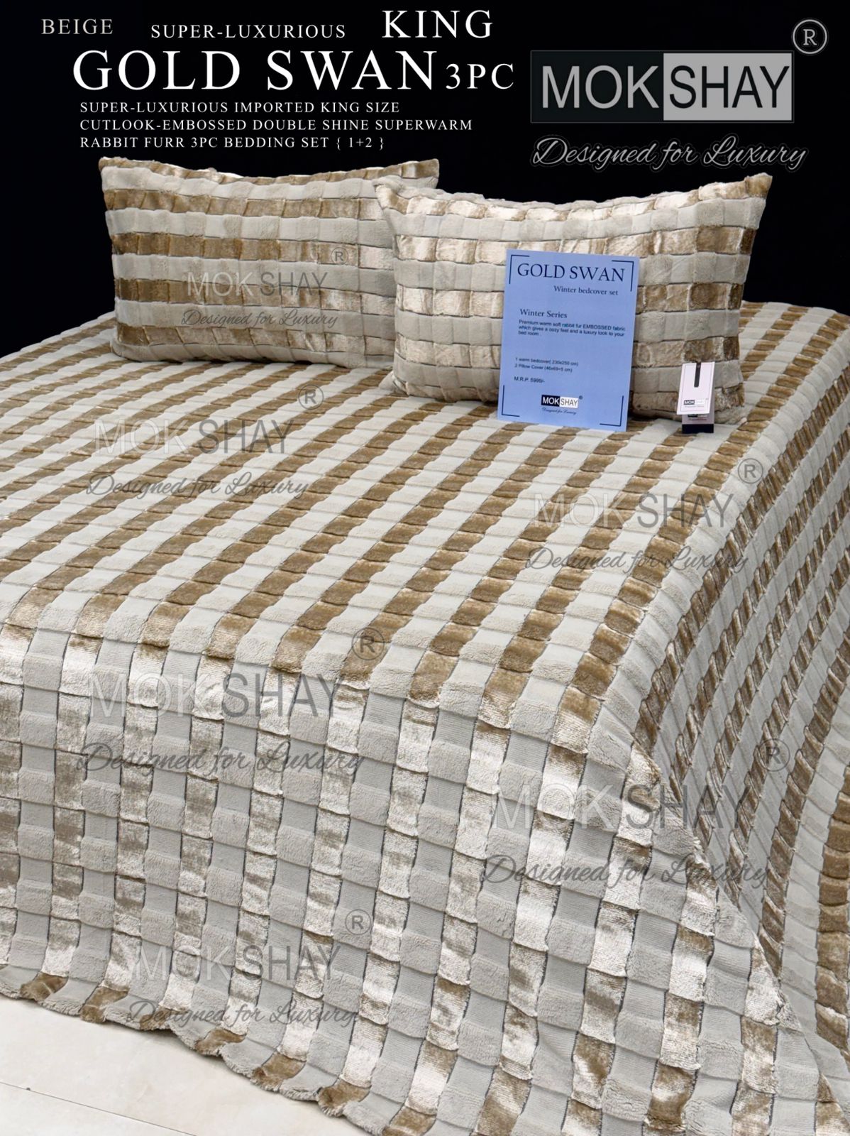 GOLD SWAN KING 3PC SUPER-LUXURIOUS CUTLOOK-EMBOSSED HEAVY DOUBLE SHINE IMPORTED RABBIT FURR SUPERWARM WINTER 3 PC BEDDING SET { 1+2 } 🛏