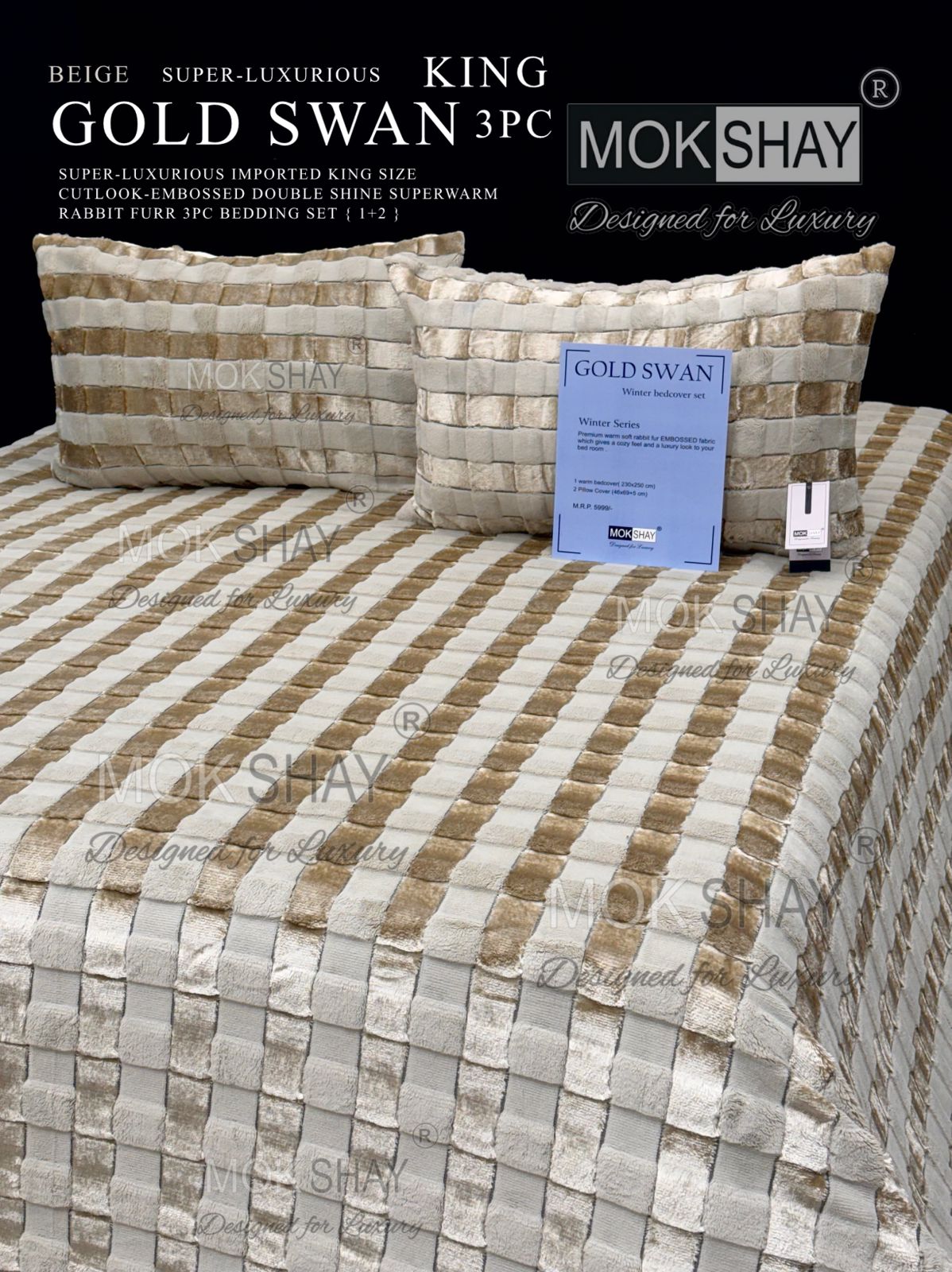 GOLD SWAN KING 3PC SUPER-LUXURIOUS CUTLOOK-EMBOSSED HEAVY DOUBLE SHINE IMPORTED RABBIT FURR SUPERWARM WINTER 3 PC BEDDING SET { 1+2 } 🛏
