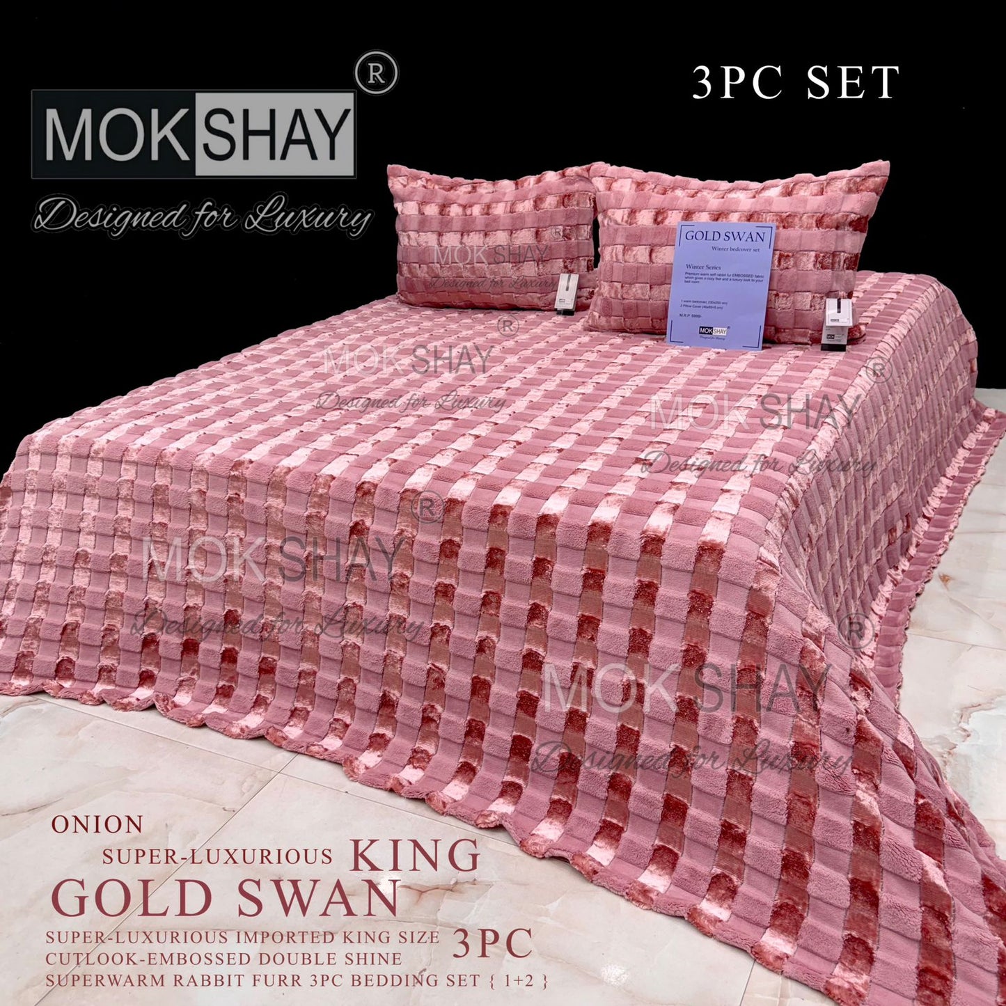 GOLD SWAN KING 3PC SUPER-LUXURIOUS CUTLOOK-EMBOSSED HEAVY DOUBLE SHINE IMPORTED RABBIT FURR SUPERWARM WINTER 3 PC BEDDING SET { 1+2 } 🛏