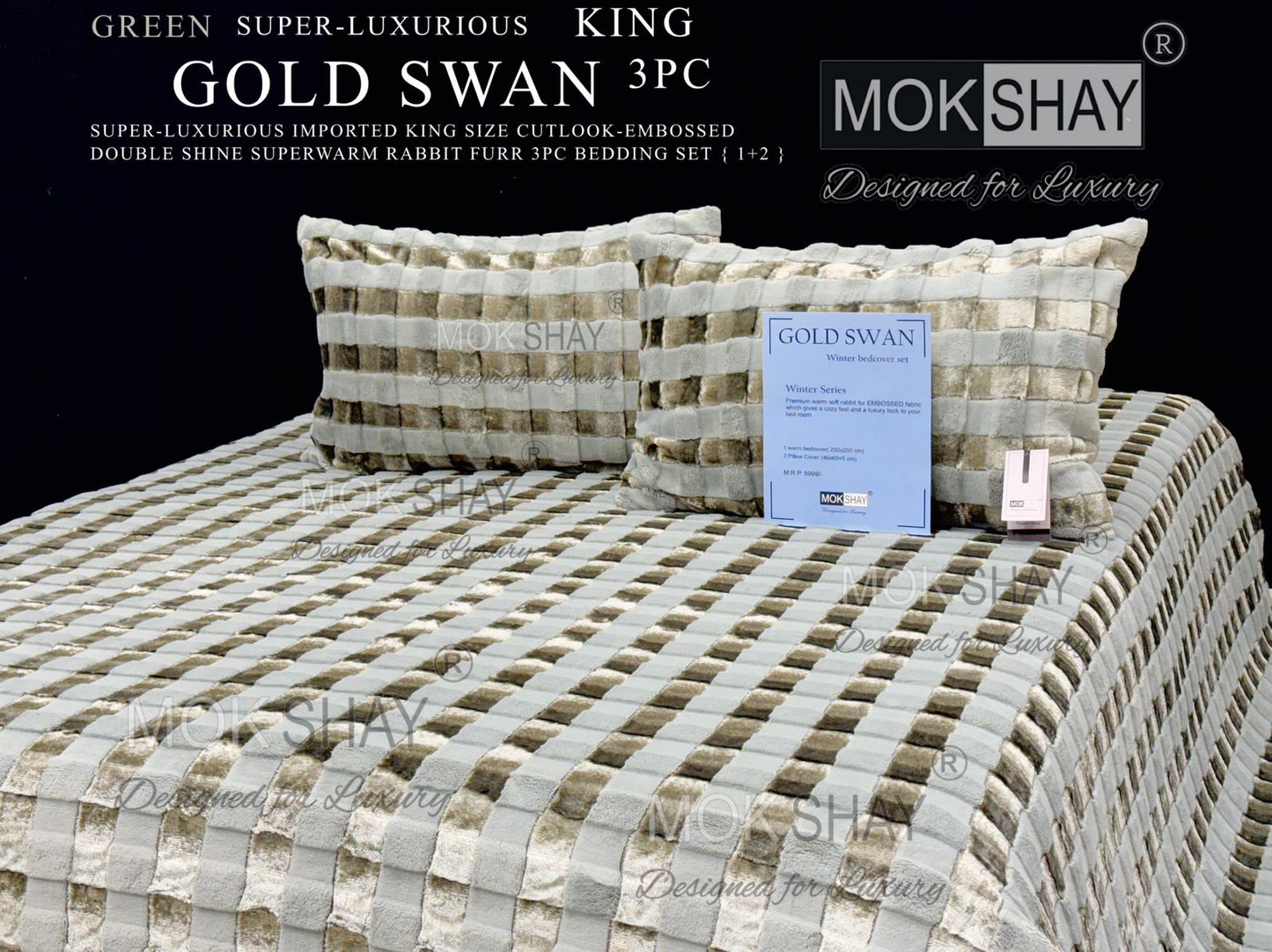 GOLD SWAN KING 3PC SUPER-LUXURIOUS CUTLOOK-EMBOSSED HEAVY DOUBLE SHINE IMPORTED RABBIT FURR SUPERWARM WINTER 3 PC BEDDING SET { 1+2 } 🛏