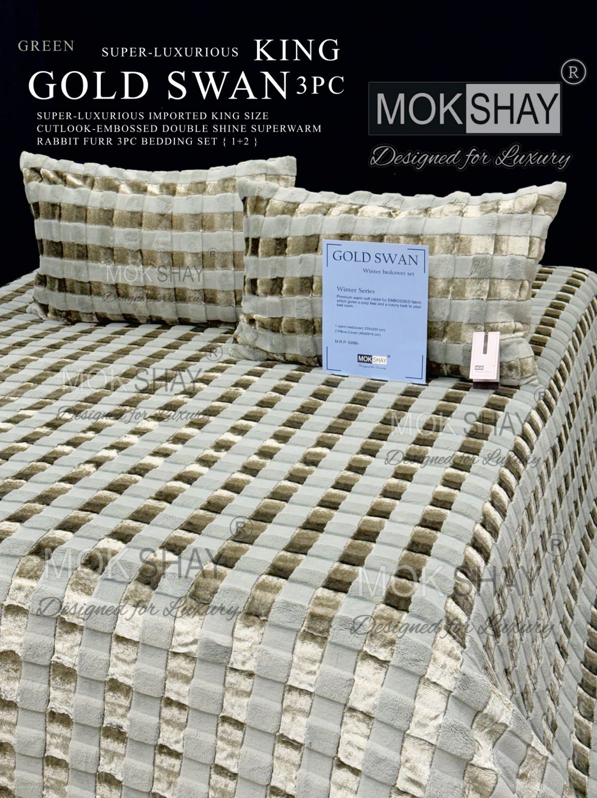 GOLD SWAN KING 3PC SUPER-LUXURIOUS CUTLOOK-EMBOSSED HEAVY DOUBLE SHINE IMPORTED RABBIT FURR SUPERWARM WINTER 3 PC BEDDING SET { 1+2 } 🛏