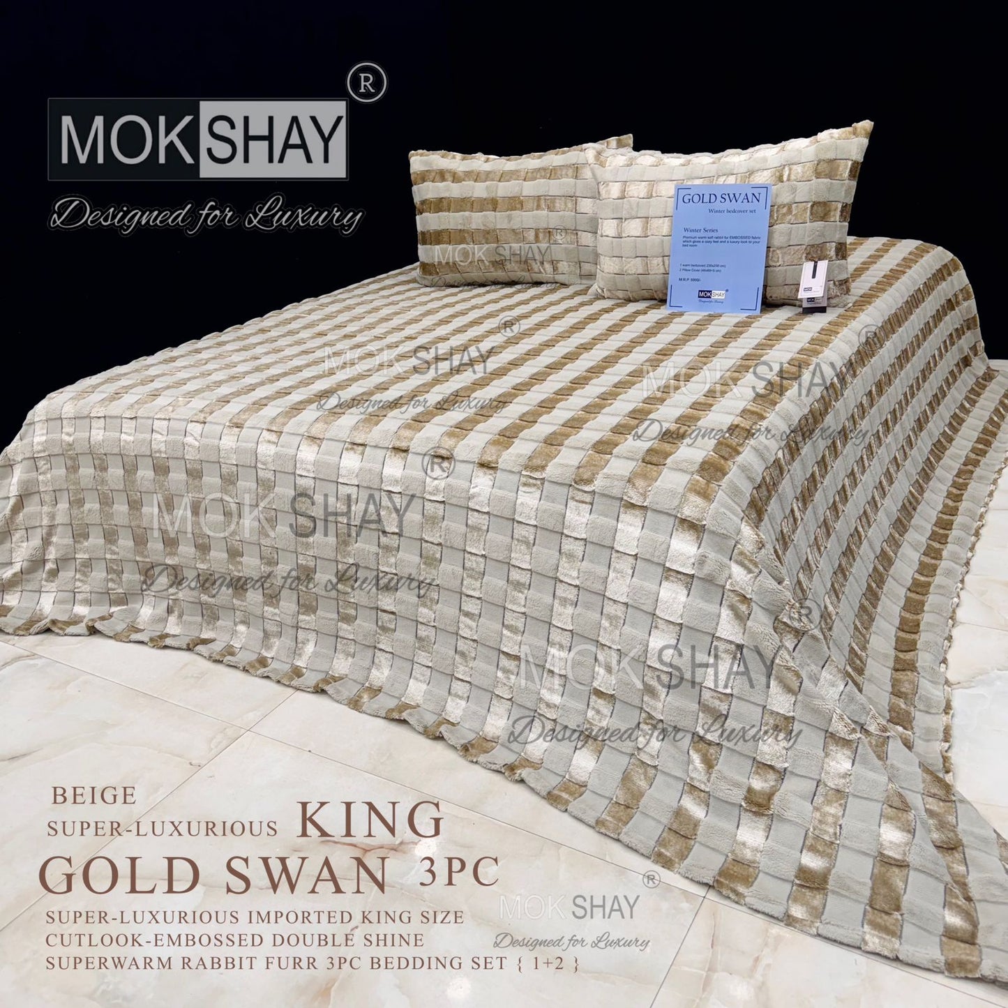 GOLD SWAN KING 3PC SUPER-LUXURIOUS CUTLOOK-EMBOSSED HEAVY DOUBLE SHINE IMPORTED RABBIT FURR SUPERWARM WINTER 3 PC BEDDING SET { 1+2 } 🛏