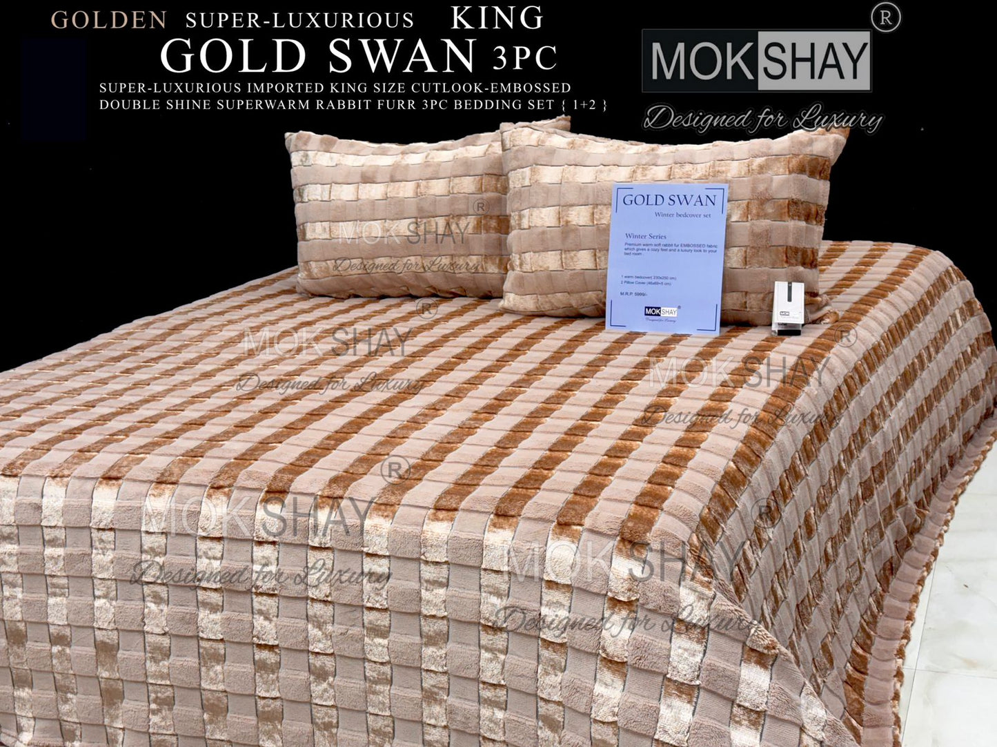 GOLD SWAN KING 3PC SUPER-LUXURIOUS CUTLOOK-EMBOSSED HEAVY DOUBLE SHINE IMPORTED RABBIT FURR SUPERWARM WINTER 3 PC BEDDING SET { 1+2 } 🛏