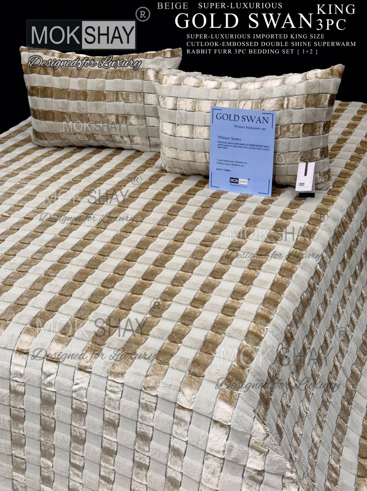 GOLD SWAN KING 3PC SUPER-LUXURIOUS CUTLOOK-EMBOSSED HEAVY DOUBLE SHINE IMPORTED RABBIT FURR SUPERWARM WINTER 3 PC BEDDING SET { 1+2 } 🛏