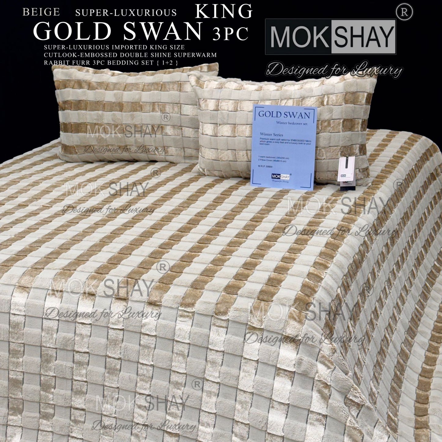 GOLD SWAN KING 3PC SUPER-LUXURIOUS CUTLOOK-EMBOSSED HEAVY DOUBLE SHINE IMPORTED RABBIT FURR SUPERWARM WINTER 3 PC BEDDING SET { 1+2 } 🛏