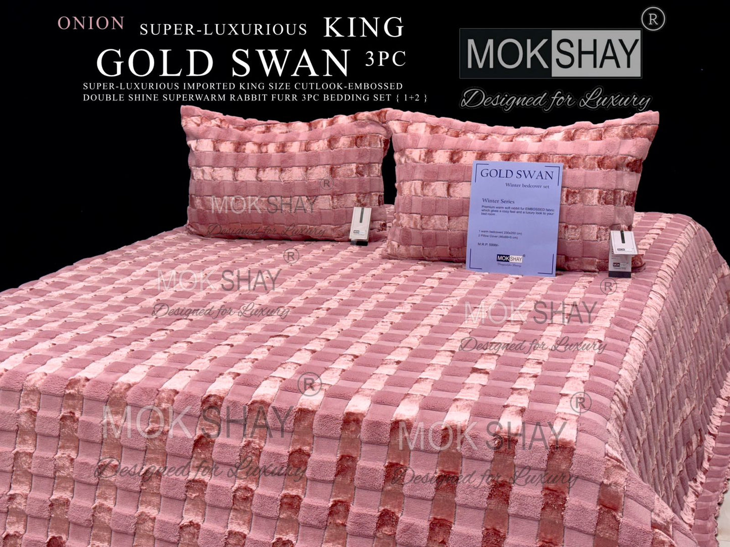 GOLD SWAN KING 3PC SUPER-LUXURIOUS CUTLOOK-EMBOSSED HEAVY DOUBLE SHINE IMPORTED RABBIT FURR SUPERWARM WINTER 3 PC BEDDING SET { 1+2 } 🛏