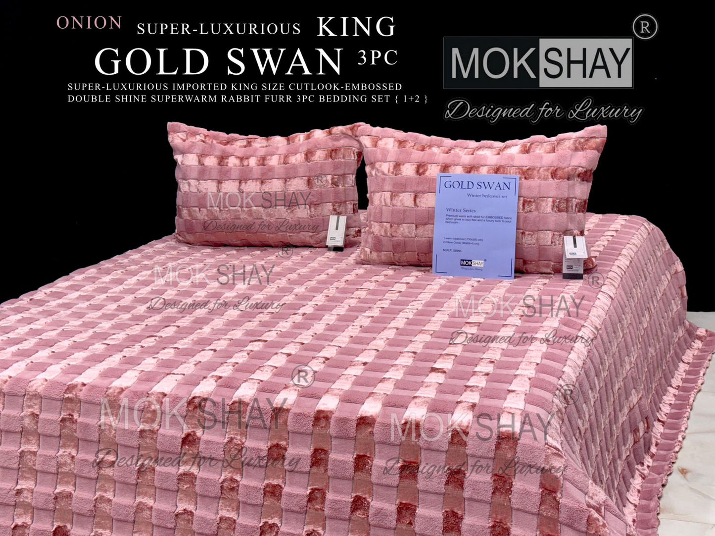 GOLD SWAN KING 3PC SUPER-LUXURIOUS CUTLOOK-EMBOSSED HEAVY DOUBLE SHINE IMPORTED RABBIT FURR SUPERWARM WINTER 3 PC BEDDING SET { 1+2 } 🛏