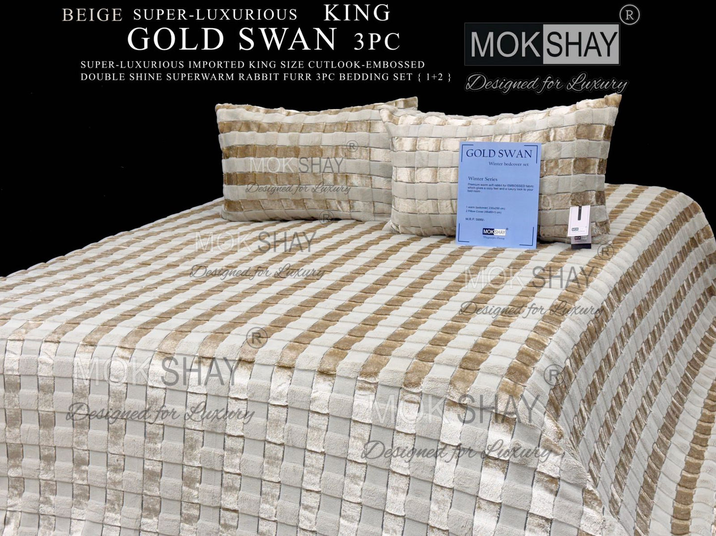 GOLD SWAN KING 3PC SUPER-LUXURIOUS CUTLOOK-EMBOSSED HEAVY DOUBLE SHINE IMPORTED RABBIT FURR SUPERWARM WINTER 3 PC BEDDING SET { 1+2 } 🛏