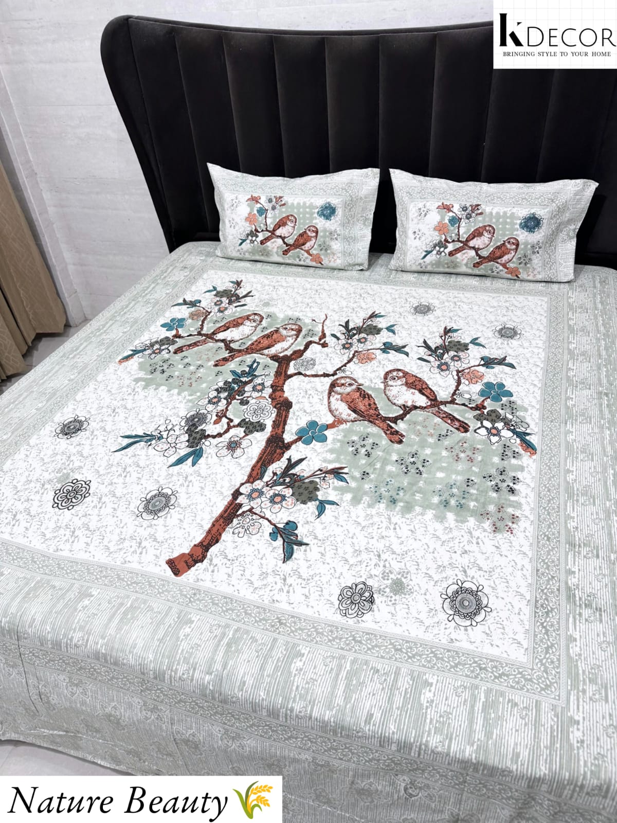 Nature Beauty King Size Pure Cotton Panel Print Bedsheet Set